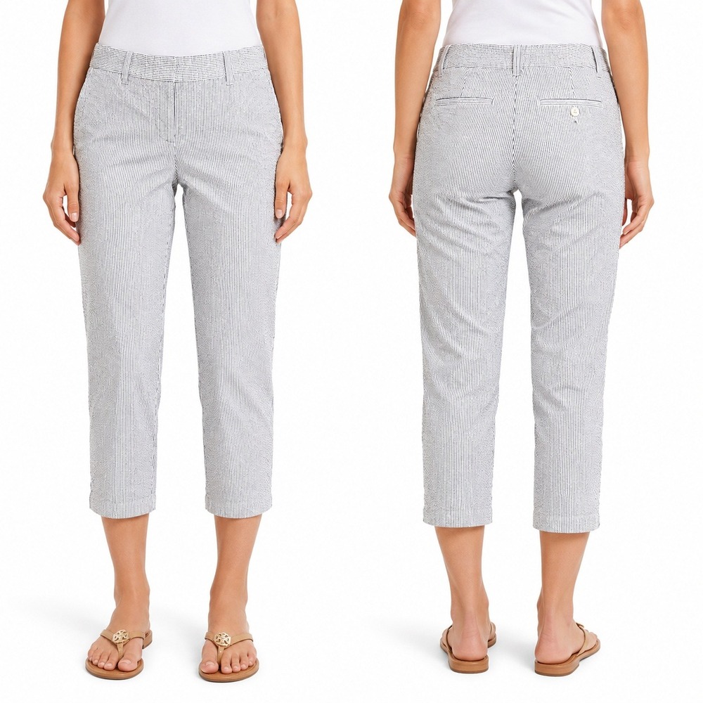 J.Crew Pants Womens 0 City Fit Seersucker Navy Blue White Striped Cropped Office